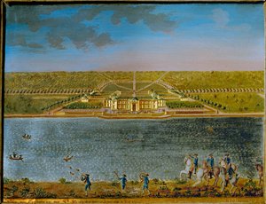 Hubert, un pavillon de chasse près de Paris, construit par Louis XV ... (plaque rectangulaire en étain, dorée et gouachée) - Compigne Compigne