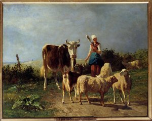 Un berger avec une vache et des moutons