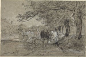 Vaches et moutons sous les arbres - Constant Troyon