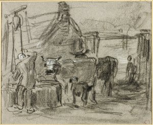 Cour de ferme avec homme et bétail - Constant Troyon