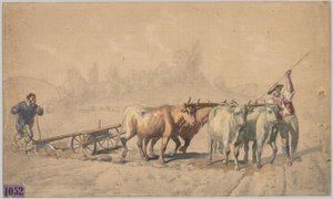 Quatre bœufs tirant une charrue, 1853