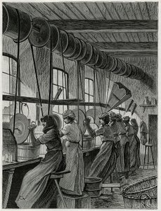 Un atelier de femmes à la verrerie du Val Saint Lambert. Gravure par C.Meunier pour illustrer le récit « La Belgique », par Camille Lemonnier (1844-1913), écrivain et critique d