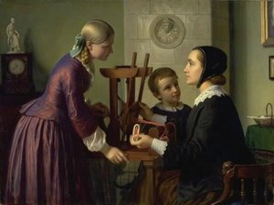 Une maîtresse de maison à son métier à tisser parlant avec deux enfants - Constantin Hansen