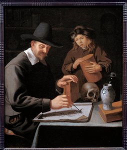 Le peintre et son élève. Un apprenti observe son maître dessinant sur un carnet. Peinture (Vanité) par Constantin Verhout (ou Voorhout)