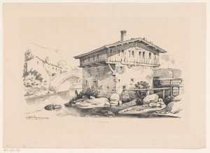 Maison et moulin à eau dans un village de montagne
