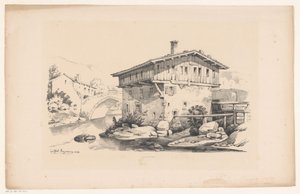 Maison avec moulin à eau dans un village de montagne