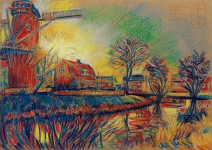 Scène animée de village avec moulin à vent