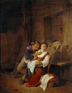Vieillard lutinant une jeune femme dans un interieur …