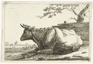 Paysage avec vache couchée avec couverture sur le dos - Cornelis  Bisschop