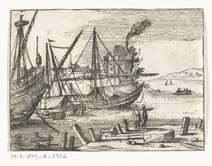 Vue du port avec deux voiliers et un galion, deux hommes sur le quai - Cornelis Bol (attributed to)