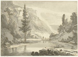 Paysage de montagne avec bergers au bord d