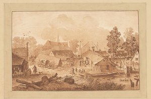 Vue de village avec étang