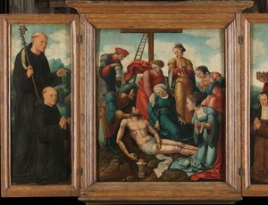 Triptyque avec la Lamentation du Christ (centre), flanqué du donateur masculin avec Saint Benoît (gauche, aile intérieure) et du donateur féminin avec Sainte Élisabeth de Thuringe (droite, aile intérieure)