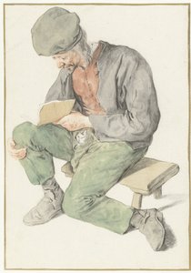 Homme assis lisant, tourné vers la gauche