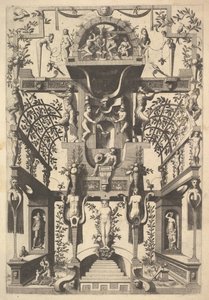 Structure architecturale fantastique avec ornement et deux pergolas et une petite scène avec Vu..., 1557 - Cornelis Floris Ii