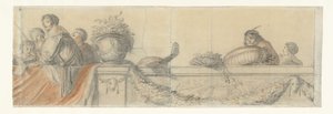 Personnes sur une balustrade avec festons (Ontwerpen voor wandschilderingen in kasteel Honselaersdijk) - Cornelis Holsteyn