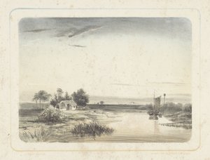 Rivierlandschap met huis en zeilboot