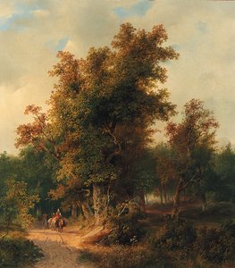 Paysage boisé avec des voyageurs sur un chemin sablonneux