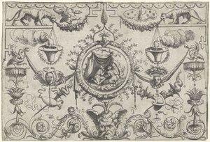 Ornement avec trois figures agenouillées sous un drap - Cornelis Massijs (attributed to)