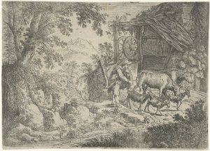 Berger avec chèvres et vaches