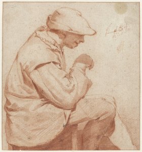 Homme assis avec un bonnet mou, de profil à droite, avec la main droite levée