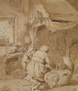Salon de ferme avec fermier, berceau et enfant, c.1654
