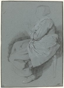 Femme assise, de profil à gauche, portant un tablier