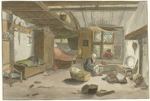 Intérieur avec femme près du berceau - Cornelis Ploos van Amstel (signed by artist)