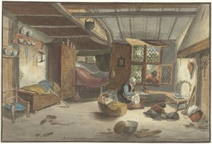 Intérieur avec femme près du berceau