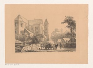 Bovins avec charrette devant une église du XIe siècle - Cornelis Springer