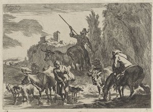 Bergers avec du bétail traversant un ruisseau (Paysages) - Cornelis Visscher (II)