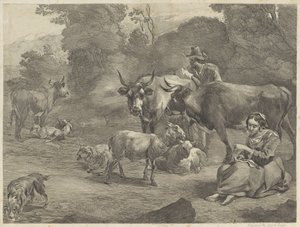Paysage avec un berger et une bergère cousant