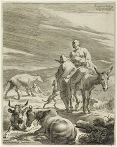 Une mère et un enfant emmailloté chevauchant un âne, planche 4 de Four Landscapes - Cornelis Visscher