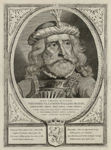Dirk I, comte de Hollande, en armure. Le cadre est décoré des armoiries de la Hollande. NL-HlmNHA 1477 53012894