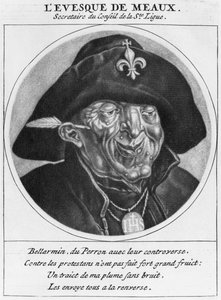 Caricature protestante de Bossuet, évêque de Meaux, illustration de Les Héros de La Ligue ou La Procession monacale, conduite par Louis XIV, pour la conversion des protestants de son royaume, Paris - Cornelis and Gole, Jacob Dusart