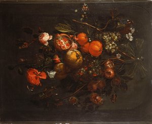 Un bouquet de fruits et de fleurs suspendu à un clou dans une niche - Cornelis de Heem