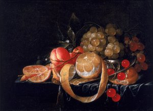 Nature Morte avec un citron, des raisins, des cerises et des abricots sur une assiette en étain