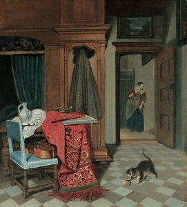 Intérieur avec un tapis, une épée et une cruche sur une table, un violoncelle sur une chaise, un manteau accroché à une armoire, un chat jouant avec une balle, une servante au-delà - Cornelis de Man