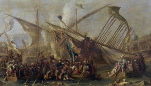 Embarquement, 17ème siècle, Baroque flamand, Huile sur toile, 47 cm x 84 cm