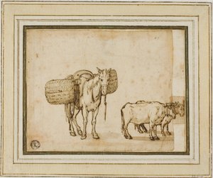 Deux croquis : Mule portant des paniers, paire de bœufs attelés - Cornelis de Wael