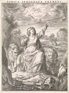 Personnification féminine du continent africain comme femme avec peau de lion assise entre des lions (Africa indignata fremens, série: Quatre continents)