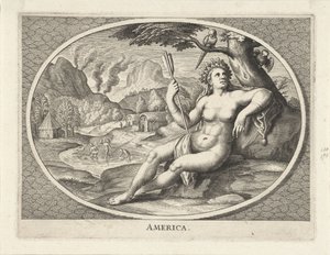 Personnification féminine du continent américain comme femme avec coiffe de plumes et flèche dans un paysage America (titre sur l