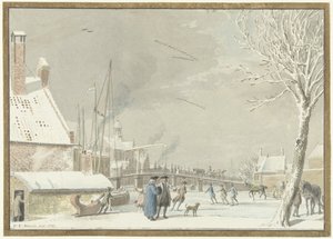 Canal de ville gelé avec patineurs