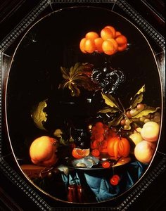 Nature morte avec citrouilles, fruits et huîtres