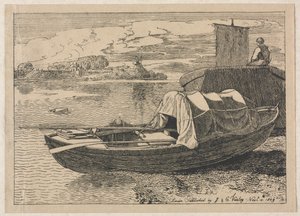 Bateaux sur une rivière, moulin à vent au loin