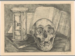 Nature morte avec un crâne, un sablier, un livre et un couteau