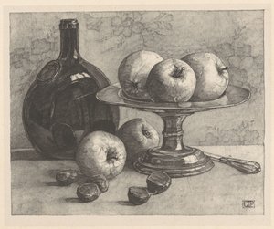 Nature morte avec une bouteille, un plat, des pommes, des châtaignes et un couteau - Corrie Pabst