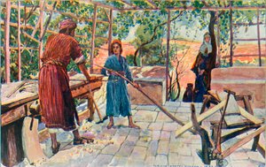 Jésus travaillant à la maison avec Joseph et Marie