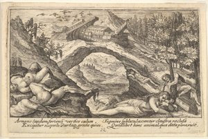 Conséquences du Déluge : corps humains éparpillés sur la terre ferme au premier plan, l