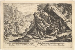 Ivresse de Noé : Sem et Japhet couvrent le corps nu de Noé, qui est allongé dans une tente, 1612